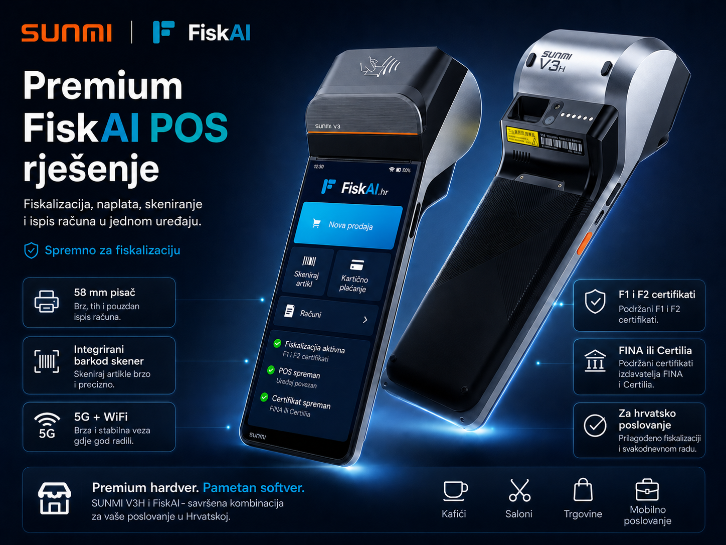 Premium FiskAI POS rješenje na uređaju Sunmi V3h